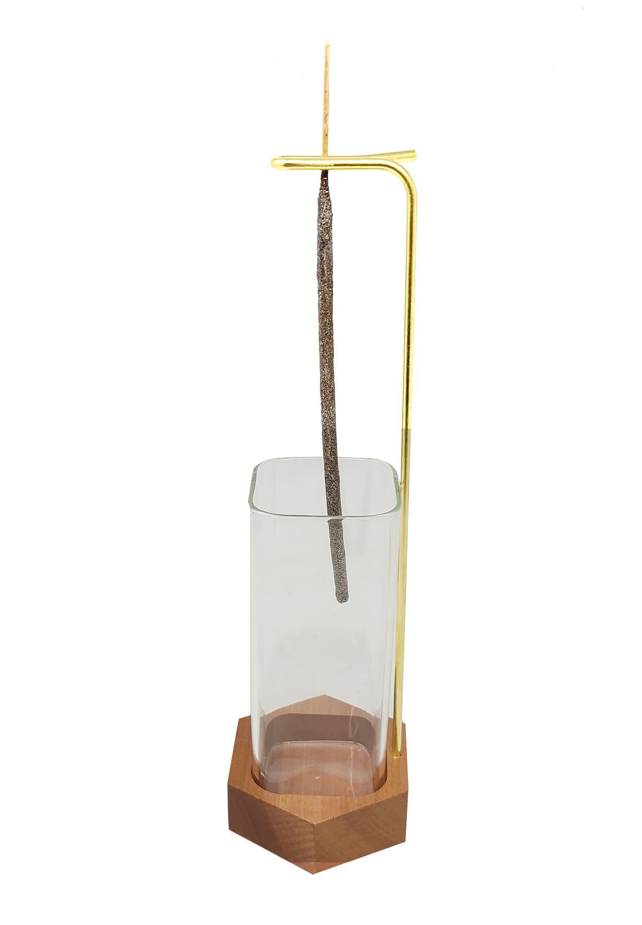 Upside Down Incense Holder with Wooden Base and Glass Ash Catcher (3.75" W x 11" H)