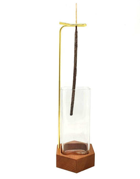 Upside Down Incense Holder with Wooden Base and Glass Ash Catcher (3.75" W x 11" H)